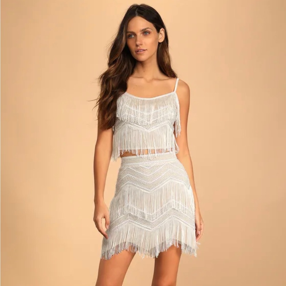Lulu’s Soirée of the Decade White Sequin Fringe Two-Piece Mini Dress